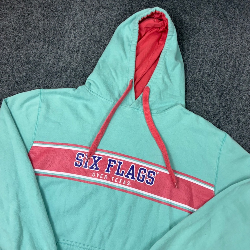 Six Flags Over Texas Hoodie Mens Medium Mint Green Pink Graphic Pullover 5850